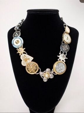 Statement Gold & Silver Button Floral Necklace - Women Jewelry